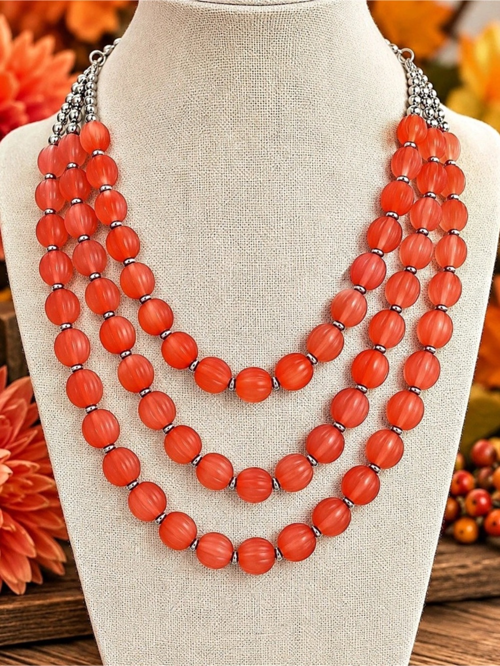 Three-Strand Beaded Necklace in Orange